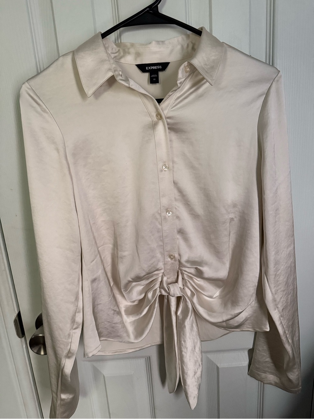 Express Cream Satin Button-Front Tie Blouse